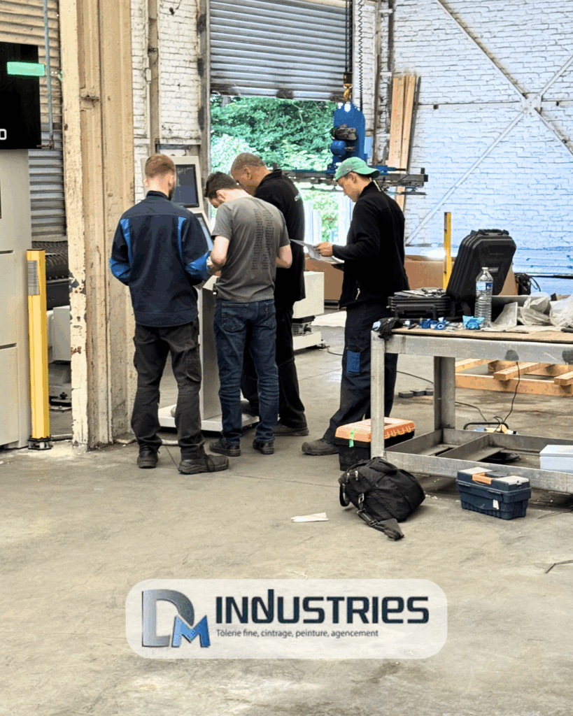 alt="Équipe DM INDUSTRIES en formation sur le nouveau laser fibre 15kW"